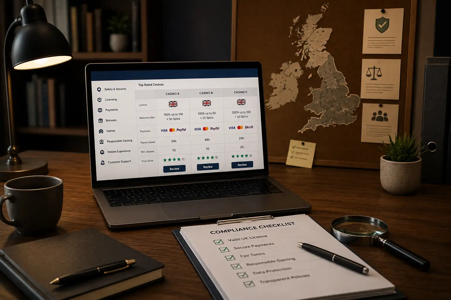 Basswin UK licence verification checklist on a laptop beside a UK map